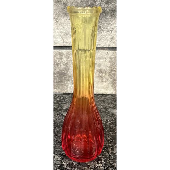 Vtg Jeanette Glass Amberina 8 3/4” Bud Vases Ribbed Yellow to Red Scalloped Edge - Picture 1 of 3